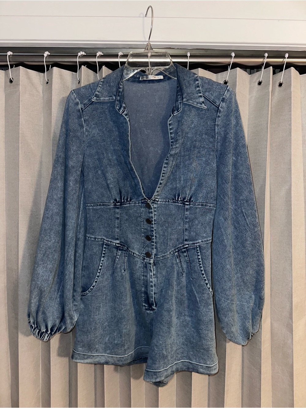Blue Washed Denim Romper Jacket with Button Front